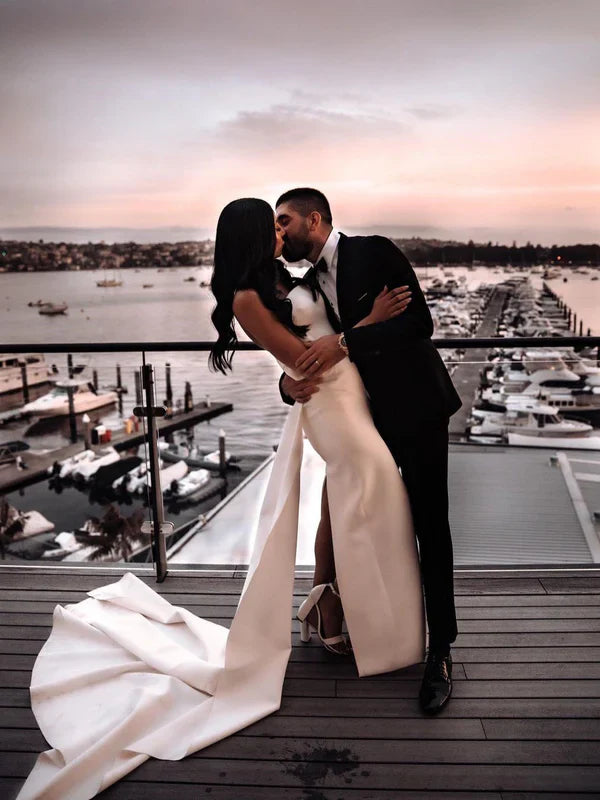 Unique Satin Strapless Floor-length Sheath Bridal Gowns Off Shoulder Wedding Dress With Bow