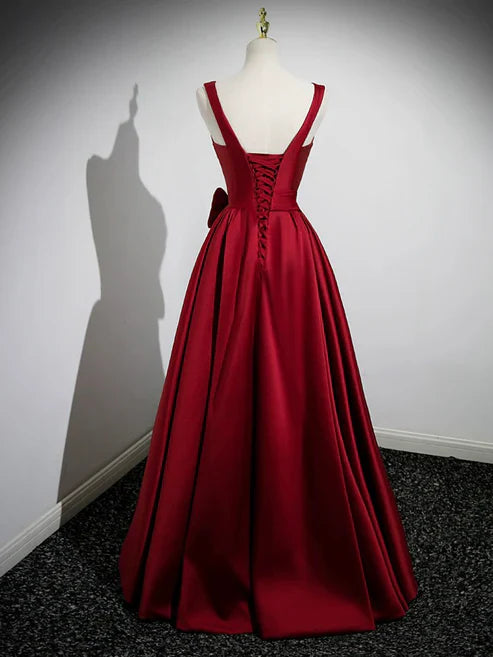 Wholesale A Line Straps Burgundy Satin Long Prom Dress with Flower Charming Evening Party Dress