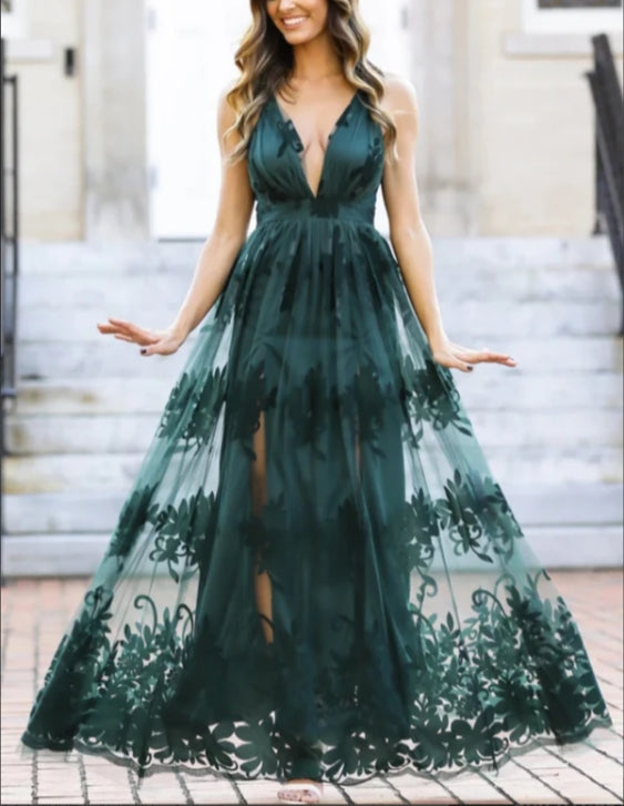 Spaghetti Straps Lace A-line Prom Dresses With Slit V-neck Sexy Evening Dress Formal Dress Wholesale