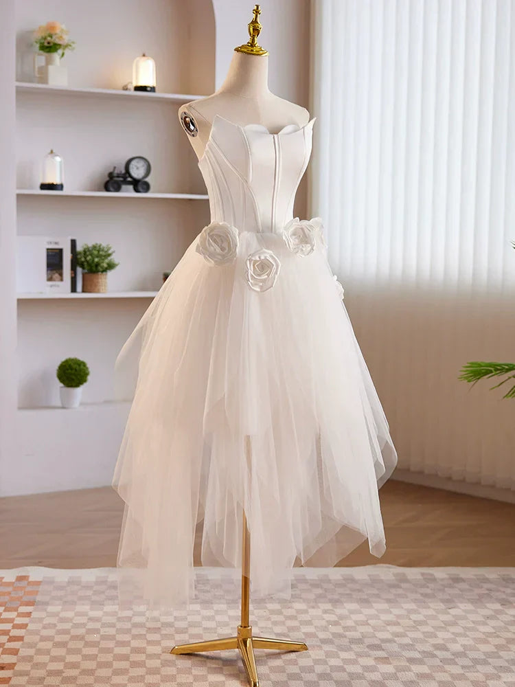 Wholesale Strapless 3D Flower White Tulle Satin Short Prom Dress Homecoming Dress