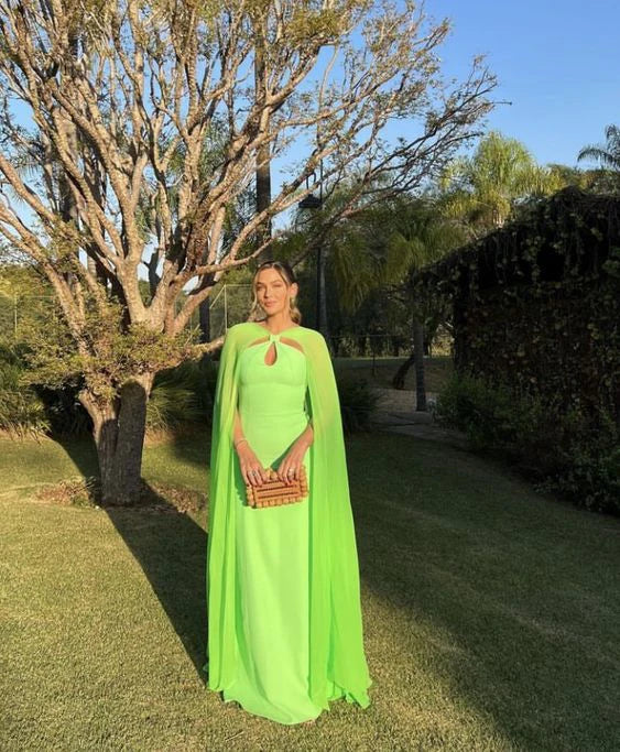 Bright Green A-Line Cape Sleeve Long Prom Dress Party Dress Elegant Evening Dress