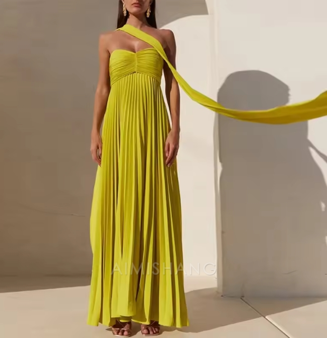 Aimishang Elegant Long Prom Dress Women Sexy Sleeveless Pleated Charming Evening Party Dress