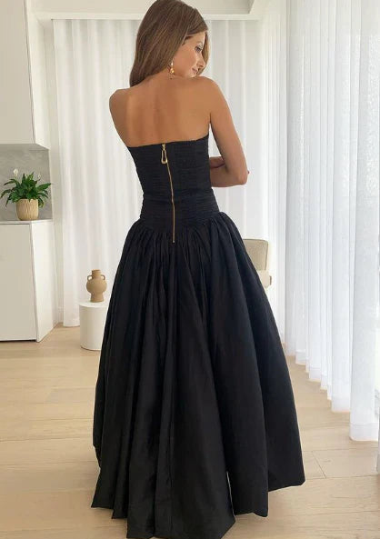 Chic Black Strapless A-Line Elegant Long Prom Dress Off Shoulder Evening Dress Formal Dress