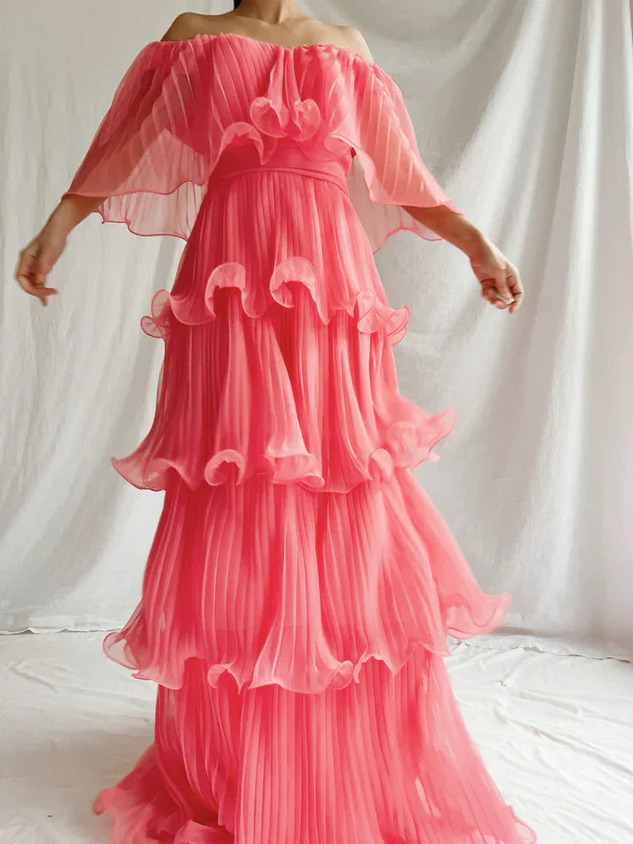 Watermelon Red Chiffon A-Line Tiered Elegant Long Party Dress Charming Wholesale
