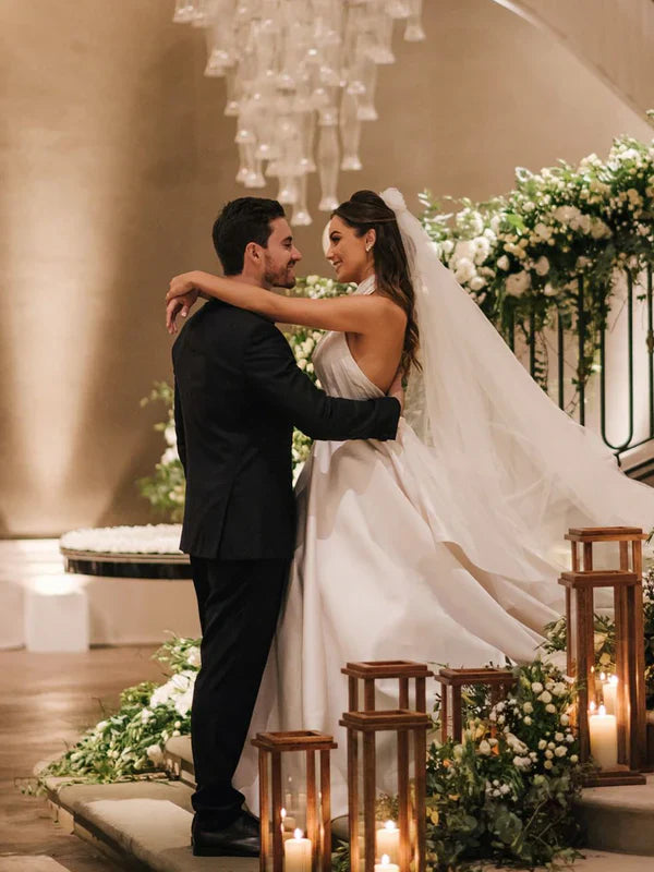 Halter Neck A Line Wedding Gown Criss Straps Simple Satin Wedding Dress Elegant Wholesale