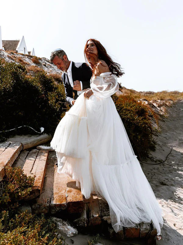 Unique Pleats Lace Long Sleeves Chapel Train A-line Wedding Dresses Off Shoulder Elegant