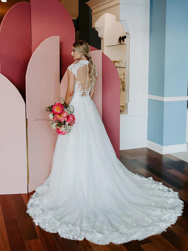 Elegant Applique A-line Lace Chapel Train Wedding Dresses With Sequins Beautiful