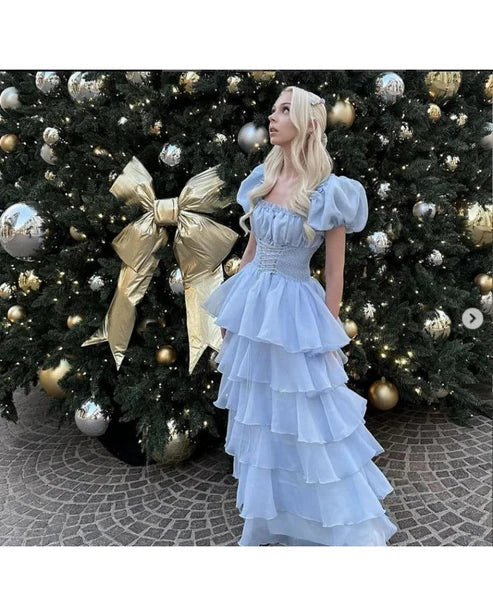 Aimishng Cute Blue Tulle Tiered Hepburn Princess Prom Dress Evening Dress Ball Gown
