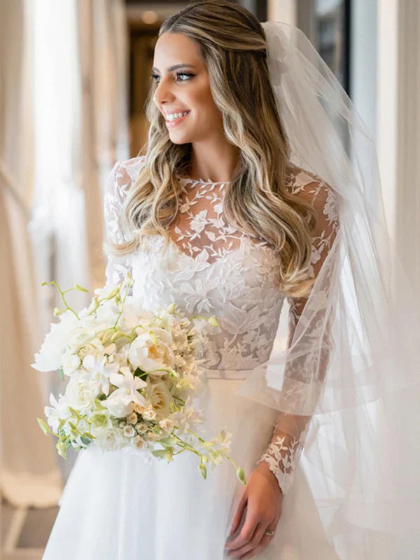 Floral Lace Illusion Long Sleeves Tulle Bridal Dress A Line Wedding Dress Elegant Wholesale