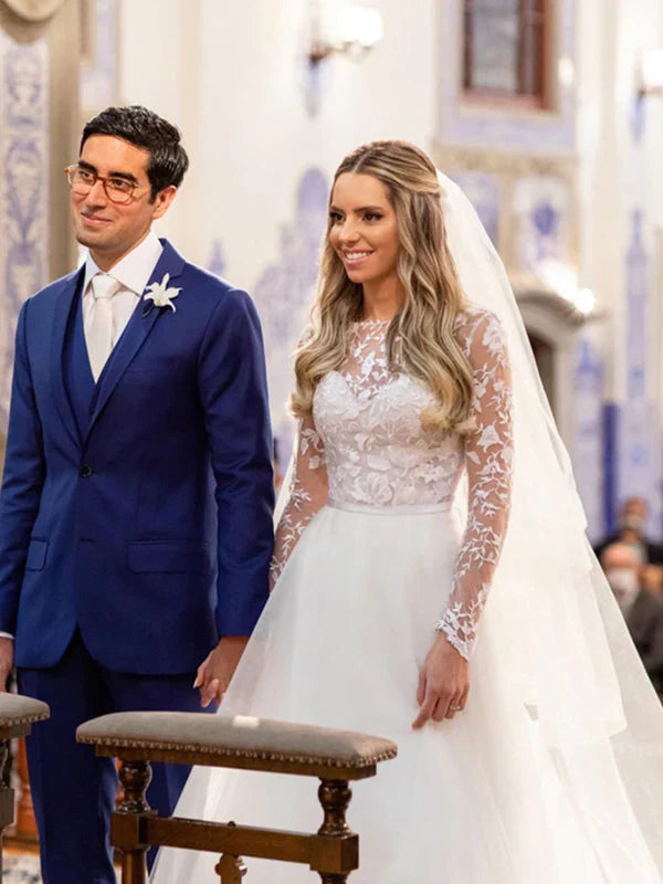 Floral Lace Illusion Long Sleeves Tulle Bridal Dress A Line Wedding Dress Elegant Wholesale