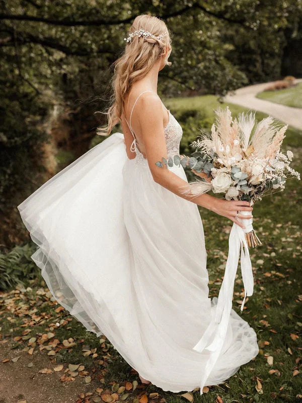 Tulle Illusion Sleeveless Beaded Spaghetti Straps V-Neck Backless A-line Sweep Train Wedding Dresses Charming