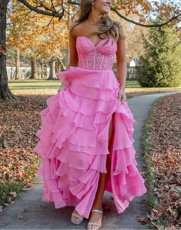 Aimishang Hot Pink A-Line Sweetheart Chiffon Tiered Long Prom Dresses with Appliques Charming Wholesale