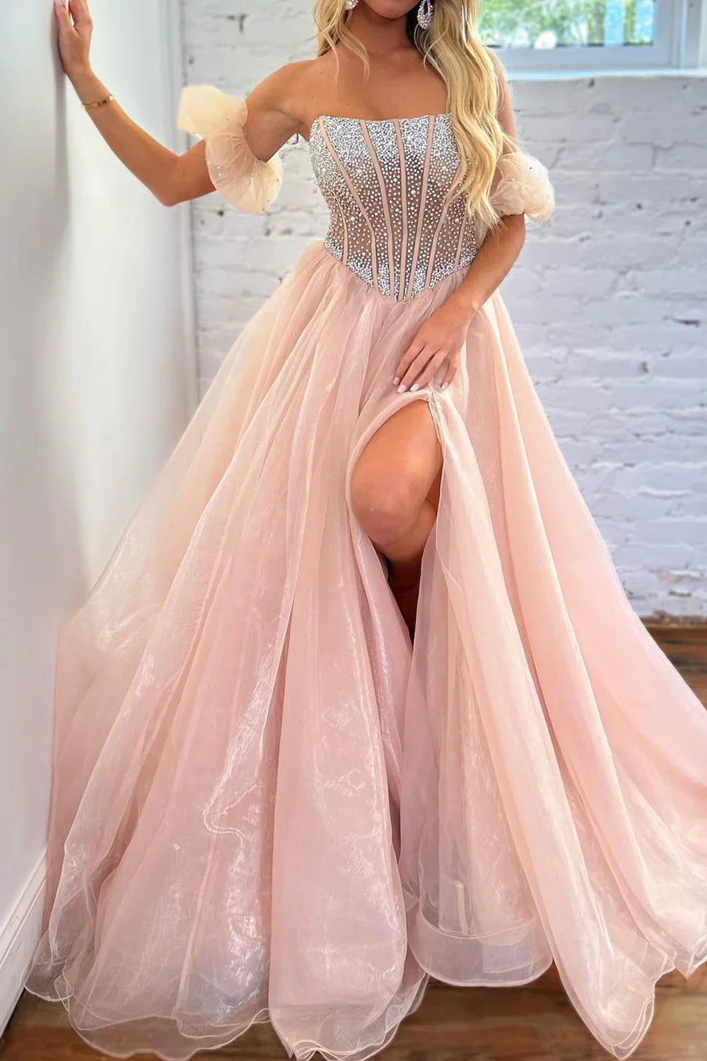 Pink A-Line Strapless Corset Beaded Prom Dress Off Shoulder With Slit Charming