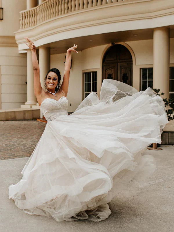 Charming Tulle A-line Chapel Train Wedding Dresses Off Shoulder Floor Length Elegant Wholesale