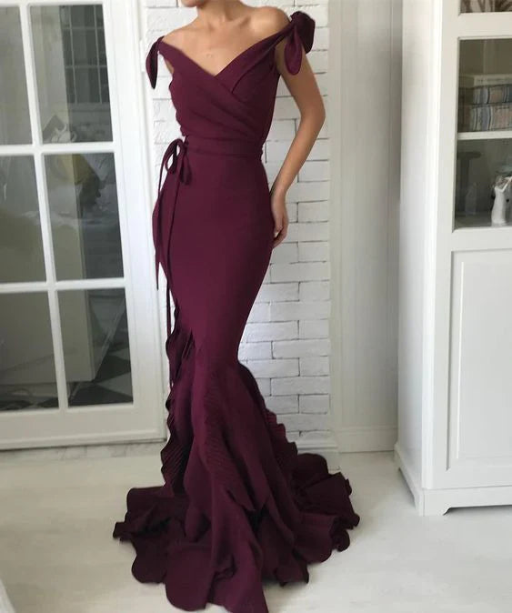 Aimishang Elegant V-Neck Off Shoulder Long Evening Gown with Bow Tie at Waist Formal Party Dress