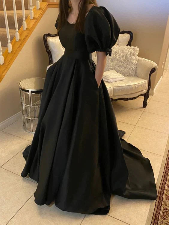 Wholesale Black A Line Short Sleeves Formal Gown Long Evening Party Dresses Prom Dress