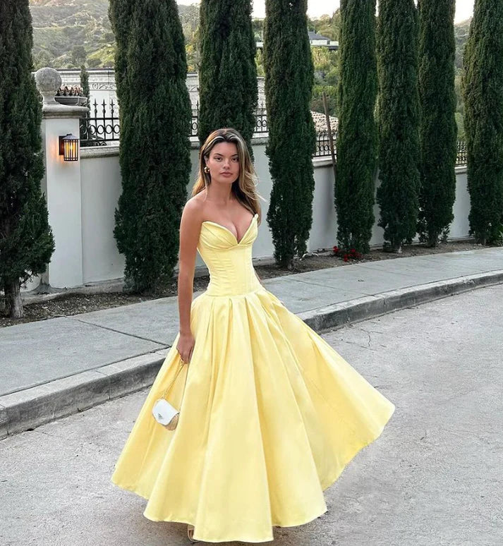 Yellow Sweetheart A-Line Birthday Outfits Long Party Dress Sexy Evening Dress Wholesale