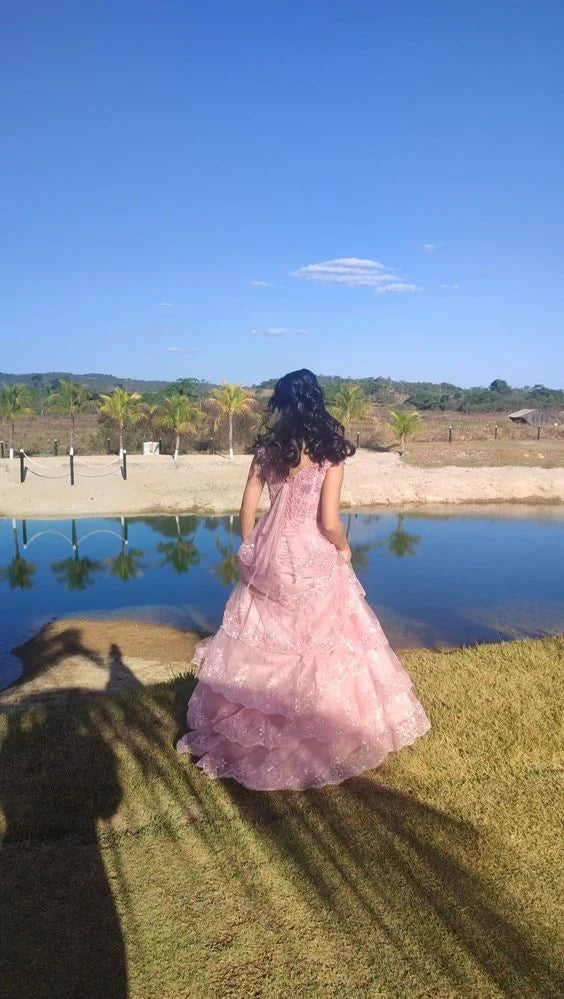 Aimishang Sweet Pink Strapls Lace Tiered Long Prom Dress Evening Gown Charming Wholesale