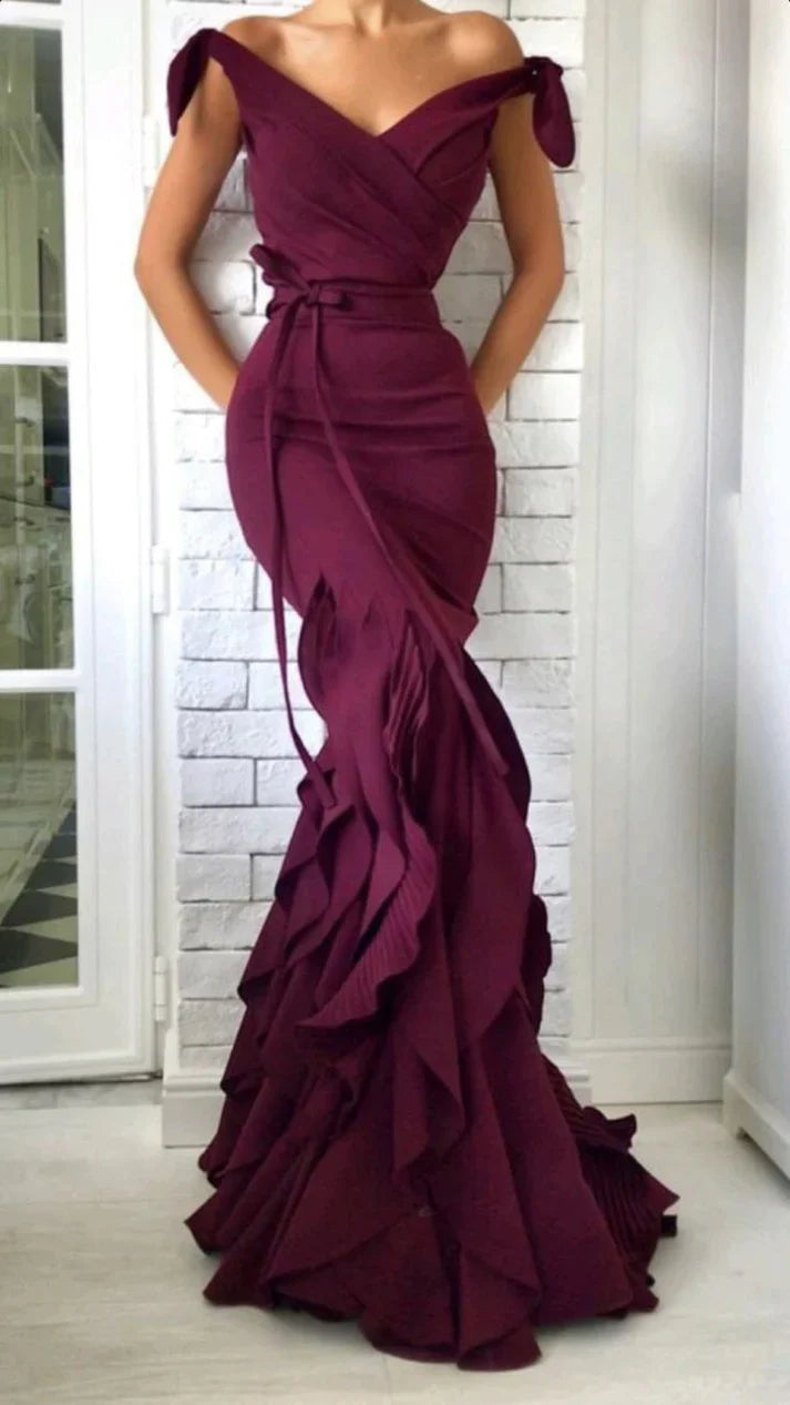 Aimishang Elegant V-Neck Off Shoulder Long Evening Gown with Bow Tie at Waist Formal Party Dress