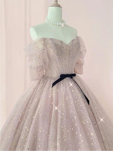 Pink Sweetheart-Neck Tulle Lace Half-Sleeve Prom Dresses Party Dress Off Shoulder Sparkly Wholesale