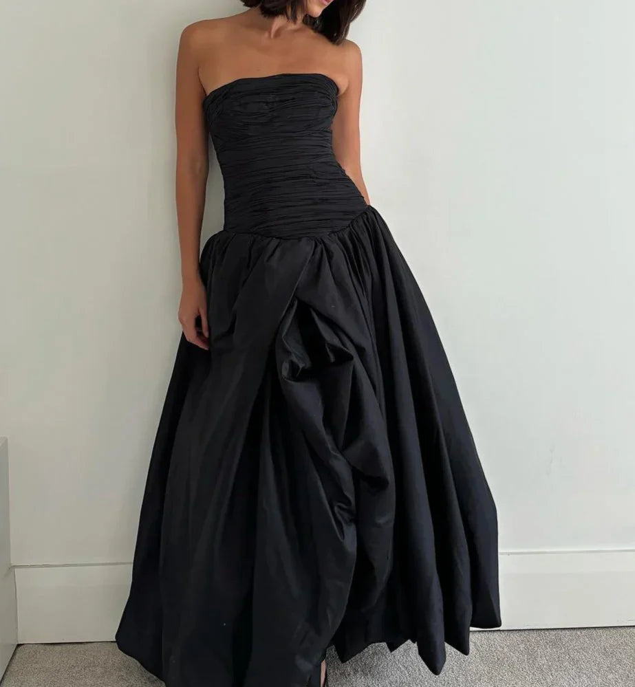 Chic Black Strapless A-Line Elegant Long Prom Dress Off Shoulder Evening Dress Formal Dress
