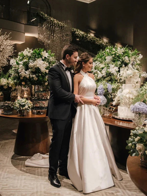 Halter Neck A Line Wedding Gown Criss Straps Simple Satin Wedding Dress Elegant Wholesale