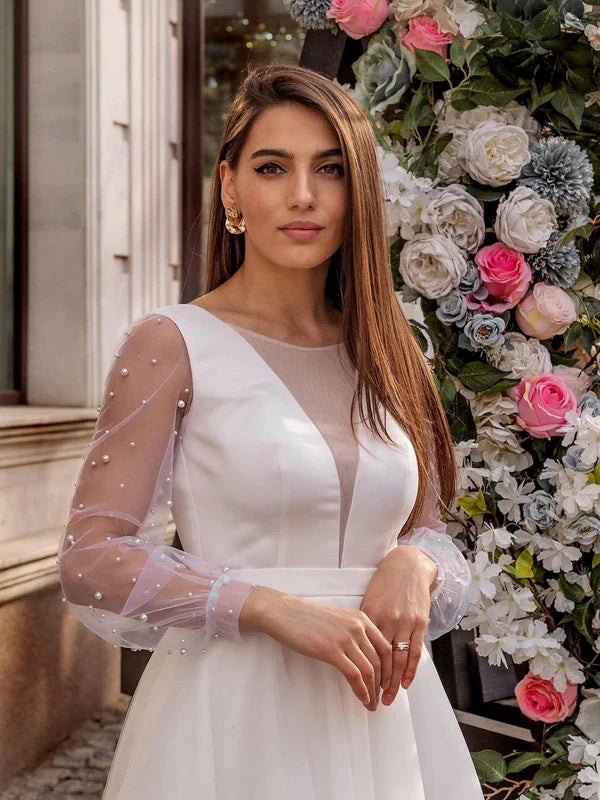 Amazing Long Sleeves Beaded Tulle A-line Wedding Dresses Elegant Formal Dress Wholesale