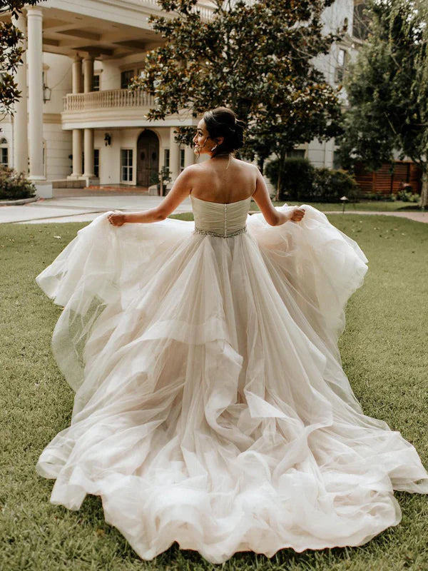 Charming Tulle A-line Chapel Train Wedding Dresses Off Shoulder Floor Length Elegant Wholesale