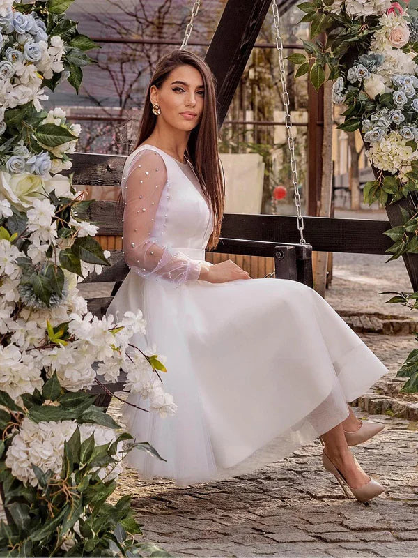 Amazing Long Sleeves Beaded Tulle A-line Wedding Dresses Elegant Formal Dress Wholesale