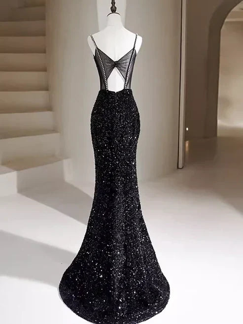 Black Strappy Glitter Mermaid Formal Prom Drerss Evening Gown Sparkly Party Dress Wholesale