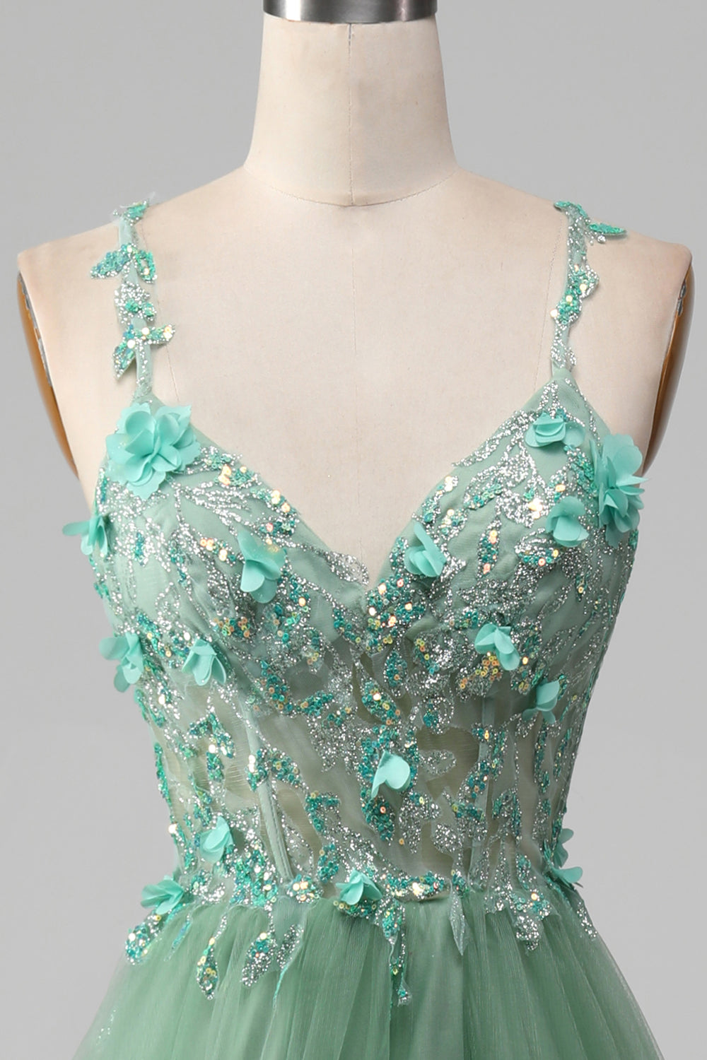 Sparkly Green A-Line Spaghetti Straps Corset Prom Dress With Appliques Beautiful With Slit