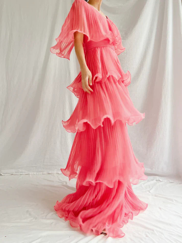 Watermelon Red Chiffon A-Line Tiered Elegant Long Party Dress Charming Wholesale