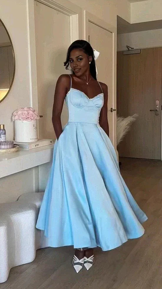 Blue A-Line Straps Long Party Dress Wedding Guest Dress Simple Evening Dress Wholesale