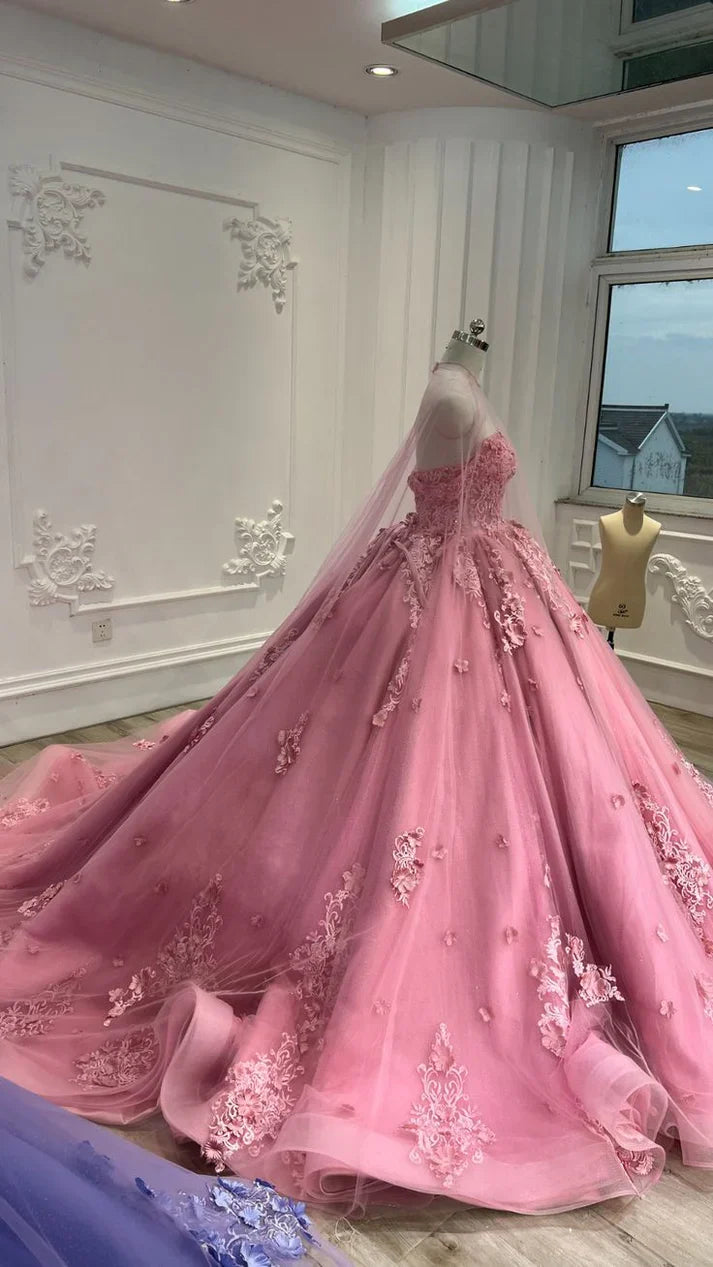 Aimishang Pink Sweetheart Tulle Appliques Ball Gowns Quinceanera Dress with Cape Prom Dress Beautiful Wholesale