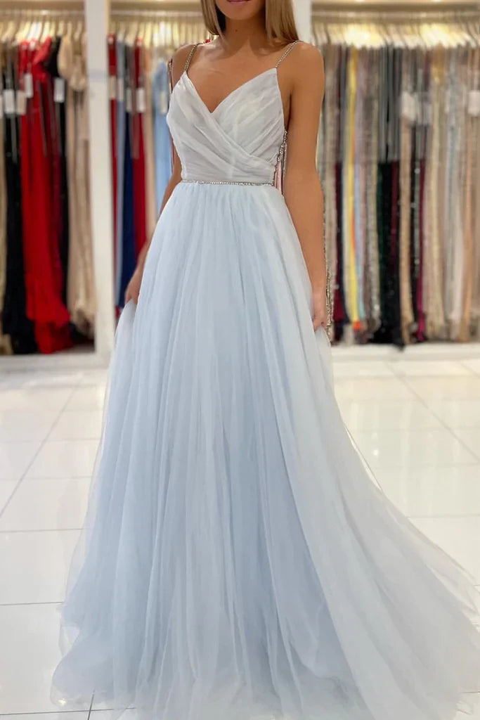 Pleated V Neck Light Blue Tulle Party Dress Rhinestones A Line Prom Dress Evening Dress Wholesale