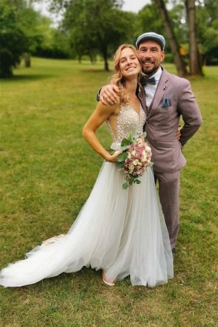 White V Neck Beading Tulle A-Line Elegant Wedding Dress Charming Wholesale