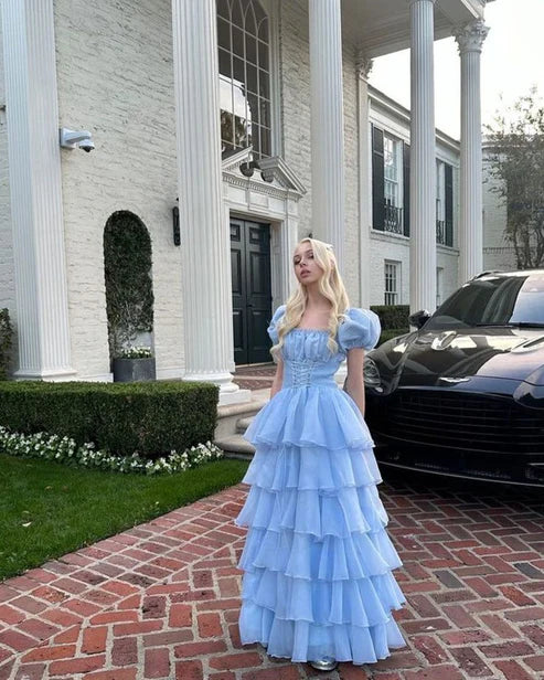Aimishng Cute Blue Tulle Tiered Hepburn Princess Prom Dress Evening Dress Ball Gown