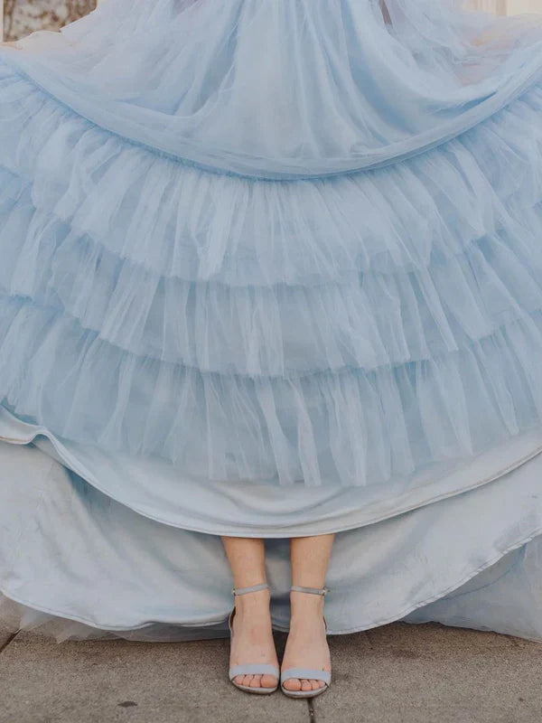 Elegant Spaghetti Straps Off-The-Shoulder Long Sleeves Tiered Tulle Sweep Train Prom Dresses Charming Wholesale