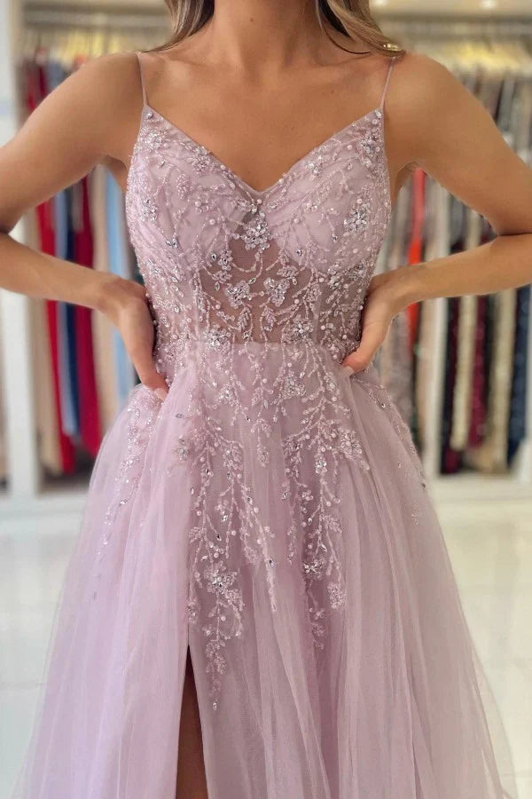 Beadings Spaghetti Strap Tulle A Line Evening Dress Prom Dress With Slit december wedding guest dress
