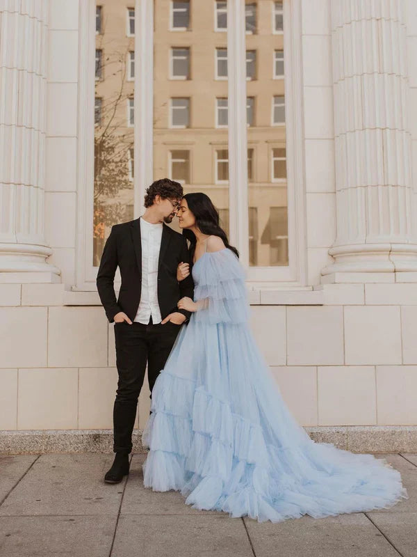 Elegant Spaghetti Straps Off-The-Shoulder Long Sleeves Tiered Tulle Sweep Train Prom Dresses Charming Wholesale