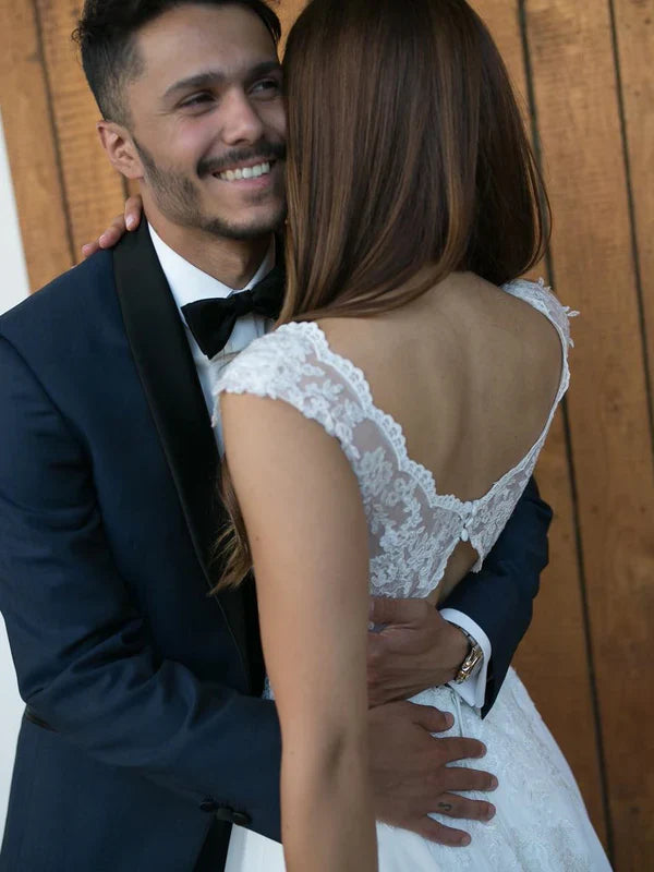 Simple A-line Chiffon Backless Sweep Train Wedding Dresses With Cap Sleeves Gown Elegant