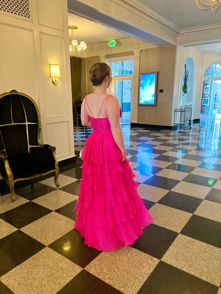 Wholesale Sexy Fuchsia Layered A Line Evening Dress Chiffon Long Prom Dress Charming Party Dress