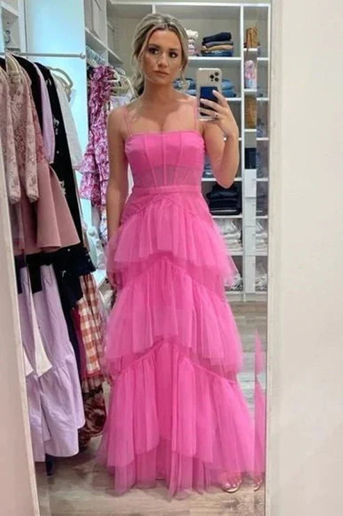 Aimishang Hot Pink Spaghetti Straps Tulle Tired Prom Dress Formal Graduation Party Dresses