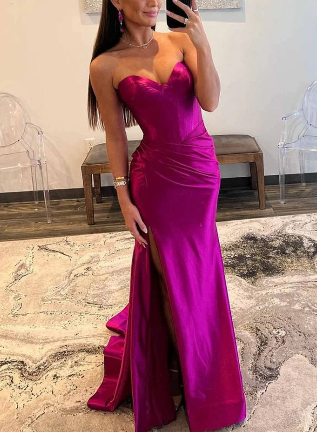 Fuchsia Sweetheart Strapless Satin Long Prom Dress with Slit Off Shoulder Charming Evening Dress Wholesale