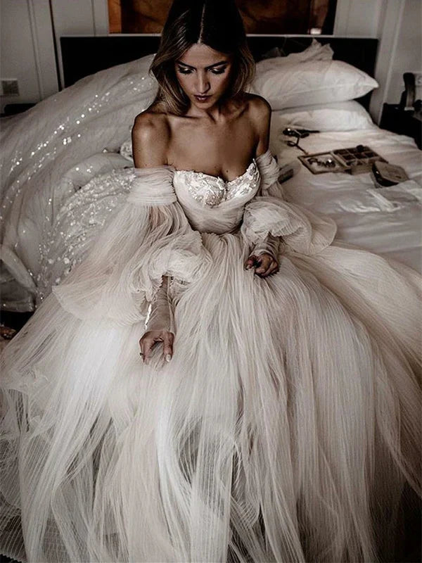 Unique Tulle A-line Wedding Dresses WIth Illusion Long Sleeves Off Shoulder Floor Length Bridal Gown