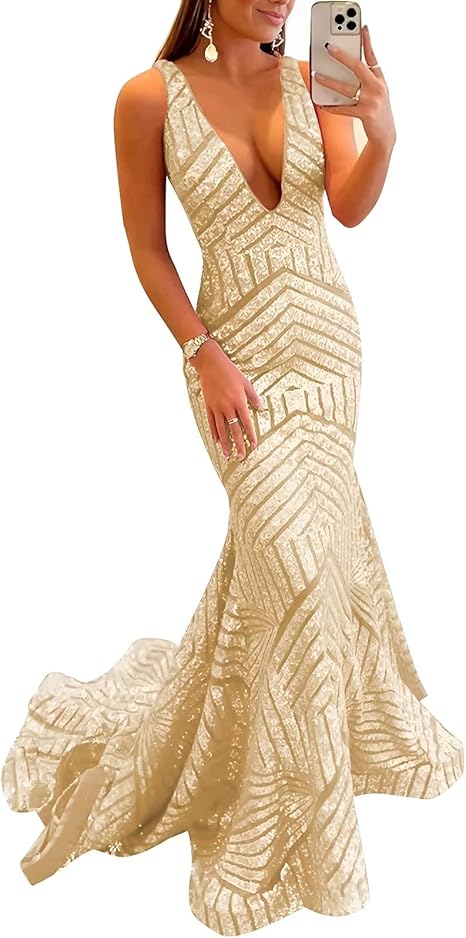 Aimishang Dress Wholesale Sequin Mermaid Prom Dresses Long Sparkly Evening Gown Deep V Neck Backless Formal Party Gowns
