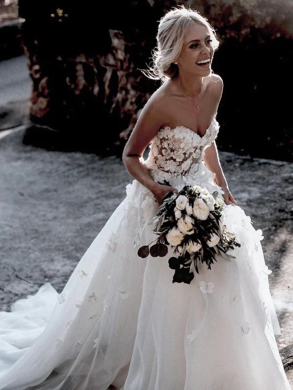 Wholesale Stunning Sweetheart A-line Wedding Dresses Tulle Appliqued Gowns Off Shoulder Floor Length Charming