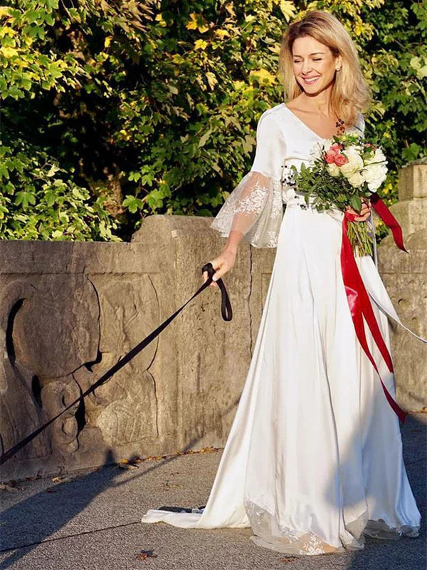 Charming Tulle Wedding Dresses A-line Short Sleeves Satin Bridal Dresses Elegant