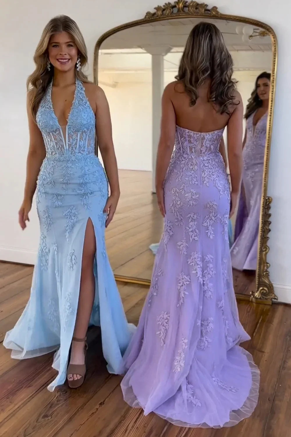 Wholesale Light Blue Prom Dress Mermaid Deep V-Neck Long Lace With Split Charming Lilac Evening Dress