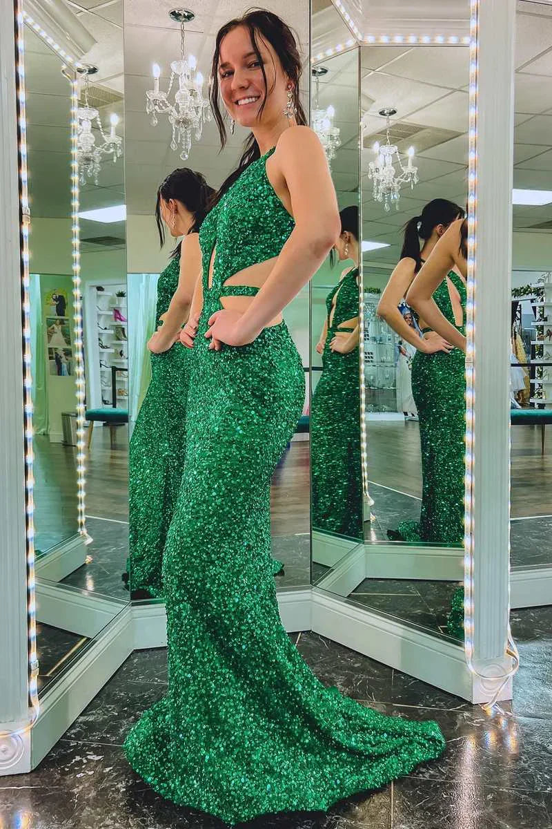 Wholesale Green Sequin Keyhole Cutout Mermaid Long Formal Dress Charming Evening Party Dress
